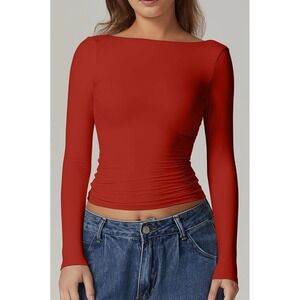 NWT‎ Size Large QINSEN Women's Open Back Long Sleeve, High Neck Double Lined Tee